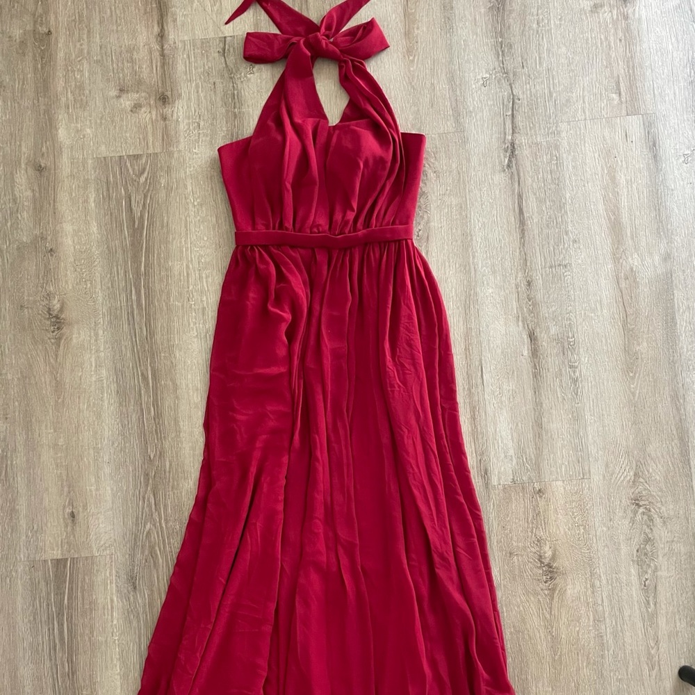 NWOT burgundy halter maxi prom dress S